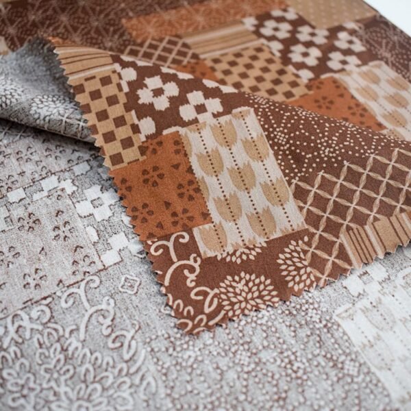 100% Cotton Printed Poplin Fabric - Brown Patchwork Design